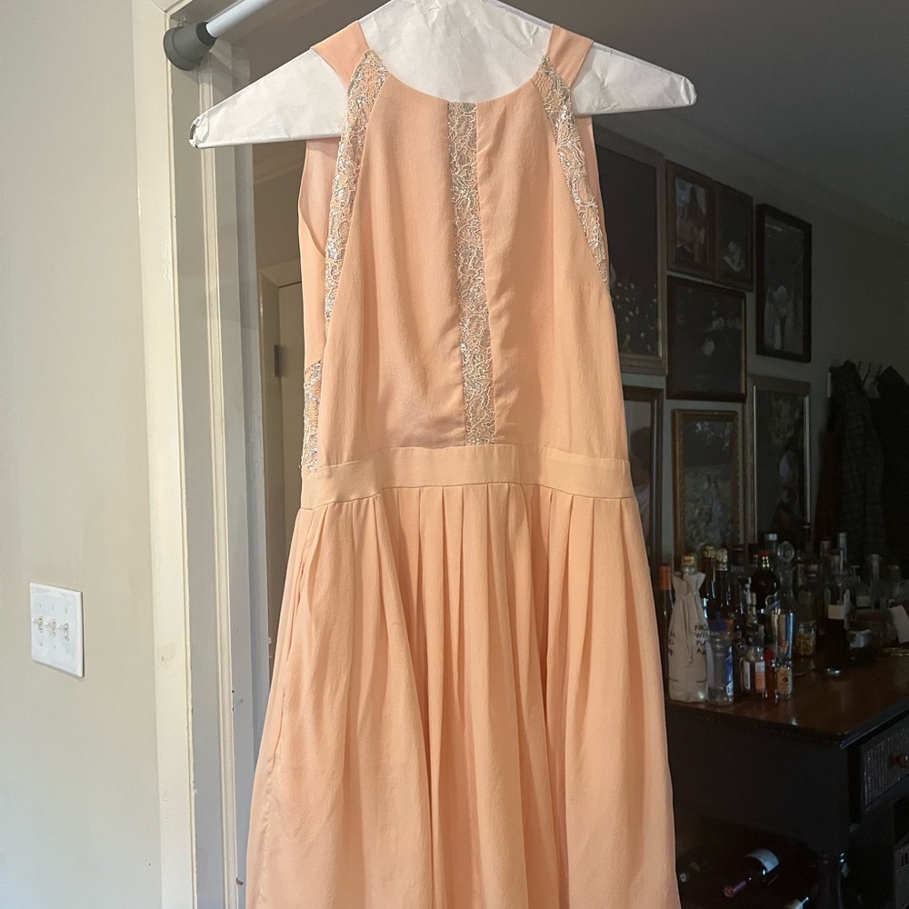 Peach Semi Formal Midi Dress with Silver Lace Detail and Open Back, Size XS